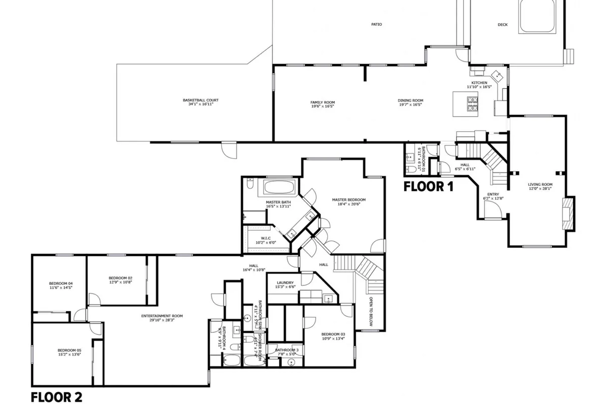 A spacious interior view showing the family room, kitchen, dining room, and an intermediate room flowing together. There is ample space for gatherings, and through the windows, the deck area is hinted at, connecting indoor comfort to outdoor retreat.